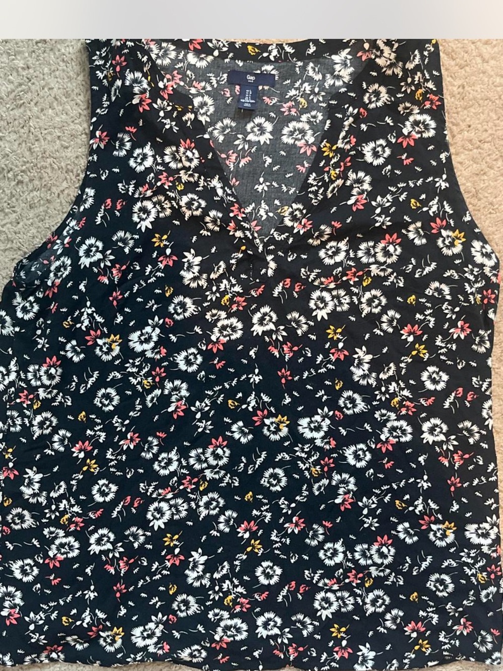 GAP Black Floral V-Neck Sleeveless Tank with White, Pink & Yellow Blooms